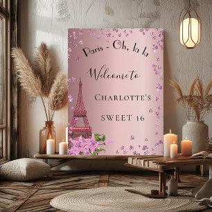 Poster Sweet 16 Paris tour eiffel rose pâle bienvenue