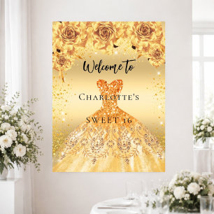 Poster Sweet 16 robe or rose fête bienvenue