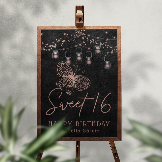 Poster Sweet 16 Rose Gold Butterfly Chic Moderne Annivers (Créateur téléchargé)