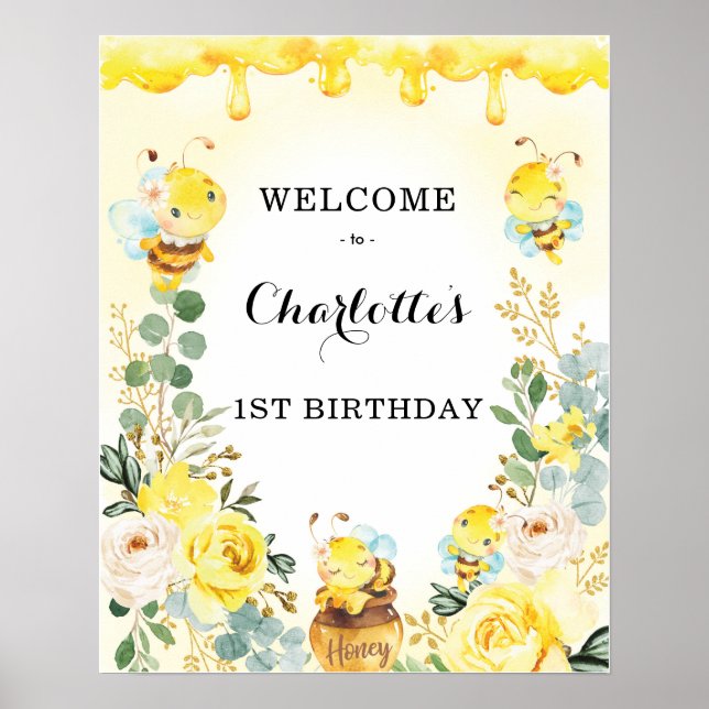 Poster Sweet Bumble Bee Honeycomb Floral Anniversaire Bie (Devant)