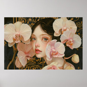 Poster Sweet Girl in Pastel Orchid Flowers
