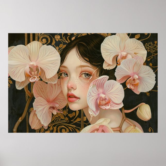 Poster Sweet Girl in Pastel Orchid Flowers (Devant)
