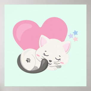 Poster Sweet Kitty Chat Dormir avec un grand coeur en arr