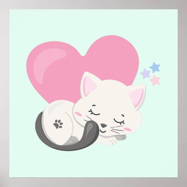 Poster Sweet Kitty Chat Dormir avec un grand coeur en arr (Devant)