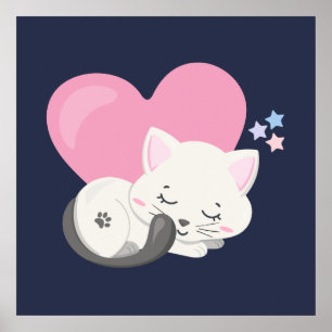 Poster Sweet Kitty Chat Dormir avec un grand coeur en arr