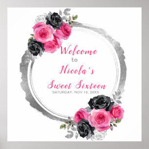 Poster Sweet sixteen à fleurs élégant rose et argent chau