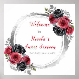 Poster Sweet sixteen à fleurs élégant rouge et argent