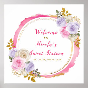 Poster Sweet sixteen à fleurs rose et violet élégant