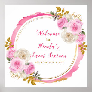 Poster Sweet sixteen de fleurs rose et or brillant
