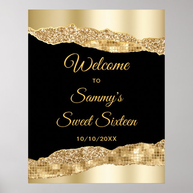 Poster Sweet sixteen de lances or et noir glam Bienvenue (Devant)