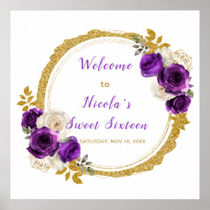 Poster Sweet sixteen foncé violet et or élégant Fleurs