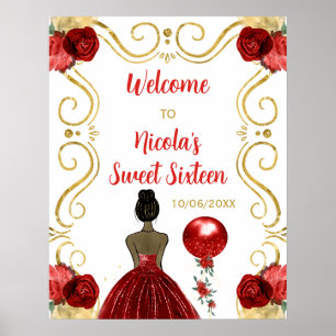 Poster Sweet sixteen Peau foncée Princesse Rouge Bienvenu