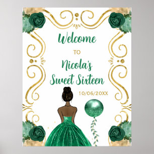 Poster Sweet sixteen Peau foncée Princesse verte Bienvenu