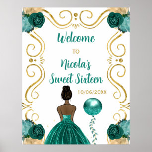 Poster Sweet sixteen Peau noire Princesse Turquoise Bienv