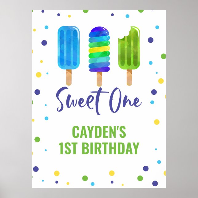 Poster Sweet Un 1er Anniversaire Ice Pop Bleu Vert (Devant)
