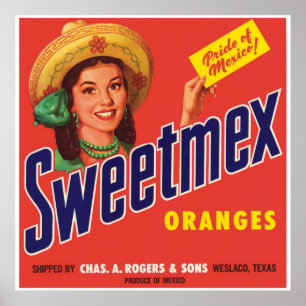 Poster Sweetmex Oranges Weslaco Texas Mexique Vintage