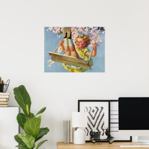 Poster Swing vintage, Fille qui se balancent dans un arbr