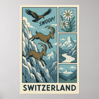 Poster Swiss Alps Wildlife Comic