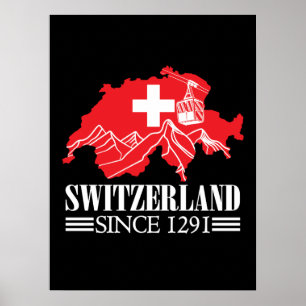 Poster Switzerland Map Since 1291 Mountains Swiss Flag