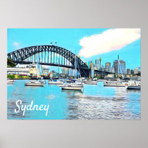 Poster Sydney Harbour Bridge bleu ciel avec yachts