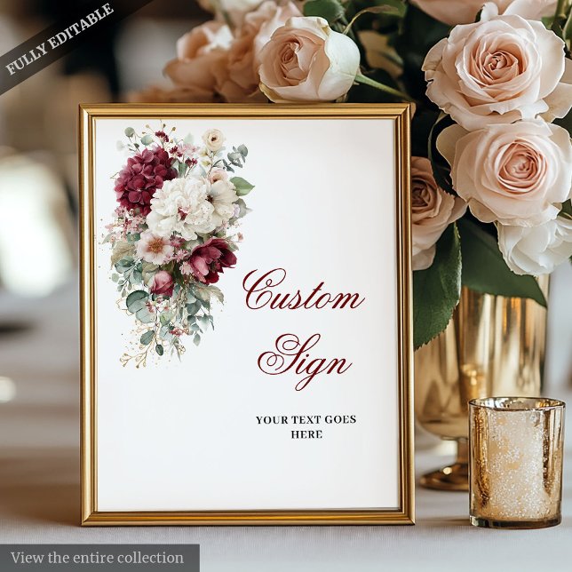 Poster Symbole artistique Boho Bourgogne Rose Mariage per (Artistic Boho Burgundy Rose Wedding Custom Sign)