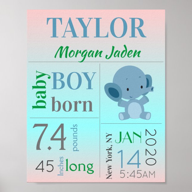 Poster Symbole bleu bébé garçon naissance avec éléphant (Devant)