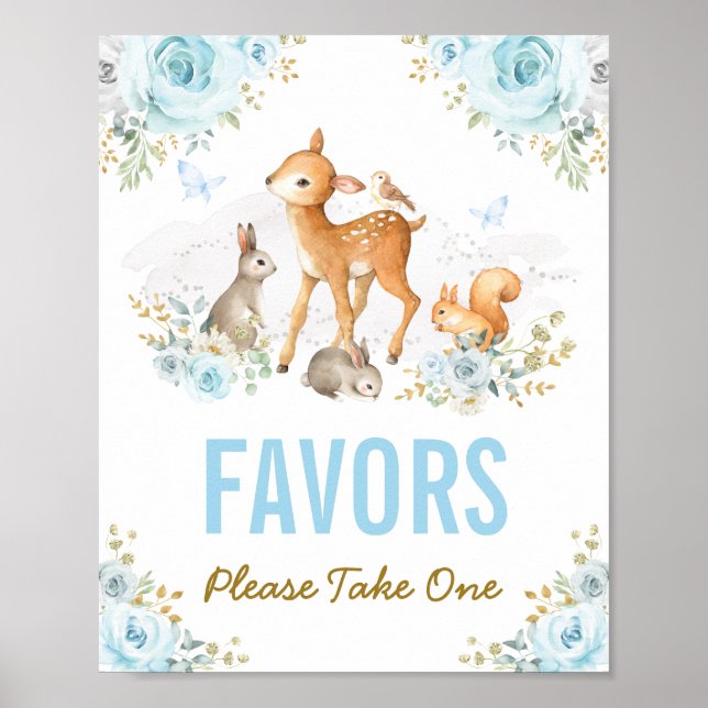 Poster Symbole Blue Gold Floral Woodland Animaux Faveurs (Devant)