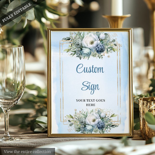 Poster Symbole Bohème bleu bleu Floral or do-it-yourself  (Bohemian Dusty Blue Floral Gold DIY Wedding Sign)