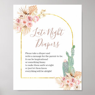 Poster Symbole Boho Cactus Fleurs roses Diapeurs nocturne
