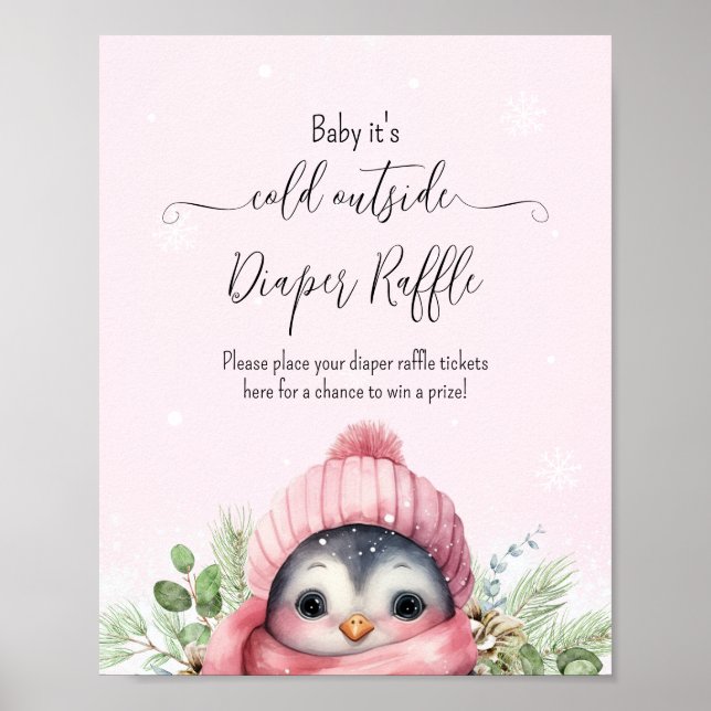 Poster Symbole de Baby shower fille rose Pingouin d'hiver (Devant)