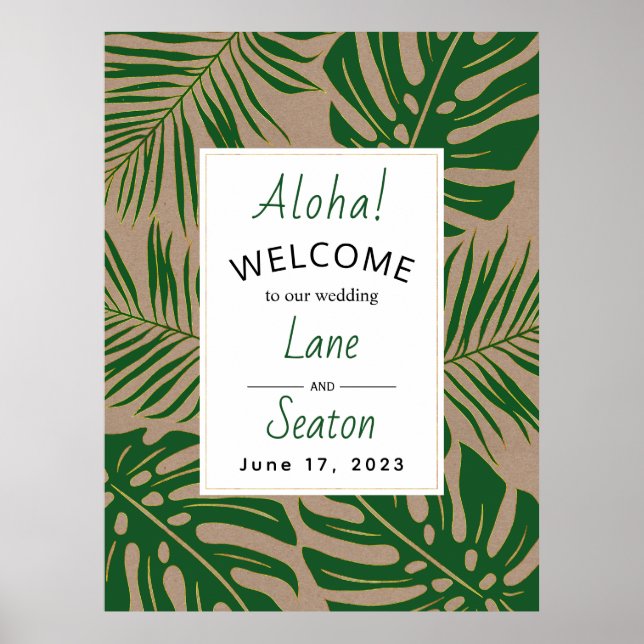 Poster Symbole de bienvenue feuille tropical vert, mariag (Devant)