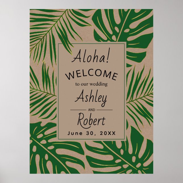 Poster Symbole de bienvenue feuille tropical vert, mariag (Devant)