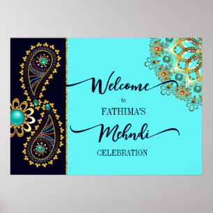 Poster Symbole de bienvenue Mehndi bleu turquoise or bijo