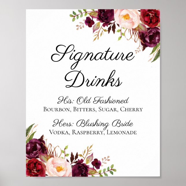 Poster Symbole de boisson Marsala et rose Floral Signatur (Devant)