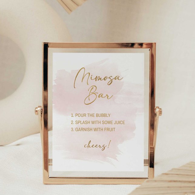 Poster Symbole de douche à bar Mimosa Aquarelle Bleu & Or (Mimosa Bar Shower Sign Instructions, Watercolor Blush & Gold)
