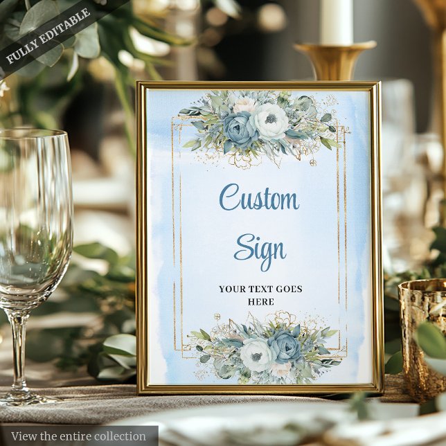 Poster SYMBOLE DE Mariage DE Parties scintillant Floral b (Modern Dusty Blue Floral Gold Glitter Wedding Sign)