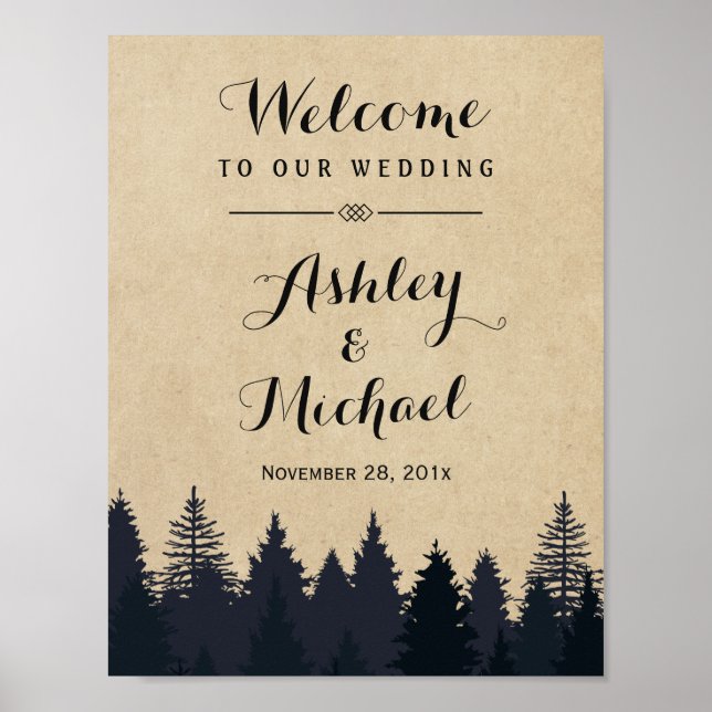 Poster Symbole de mariage d'hiver Pins rustiques Kraft (Devant)