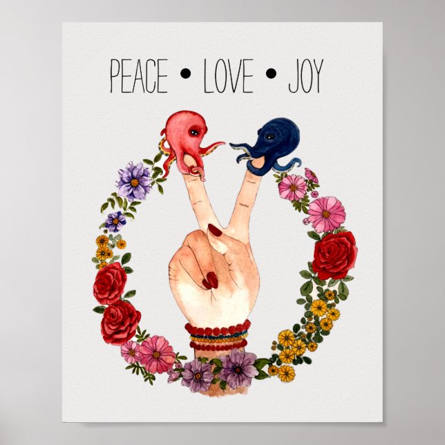 Poster Symbole de Paix Boho Floral Octopus tendance Aquar (Devant)