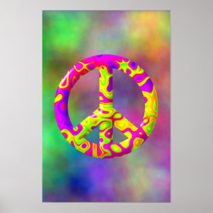 Poster Symbole de Paix psychédélique rose jaune 3D sur Pl