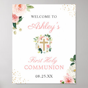 Poster Symbole de première communion Blush Rose Floral Go