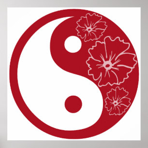 Poster Symbole de Yin Yang, Fleur Tropicale Rouge