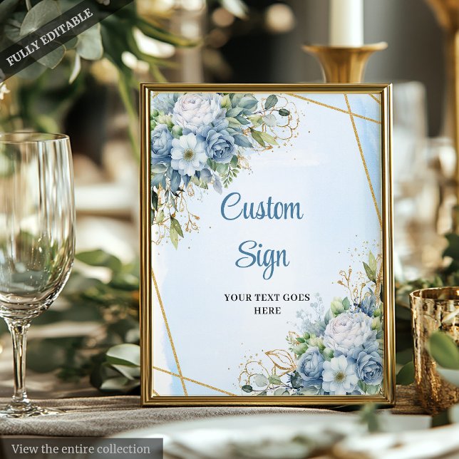 Poster Symbole do-it-yourself cousu bleu chic Eucalyptus  (Chic Dusty Blue Eucalyptus Gold Custom DIY Sign)