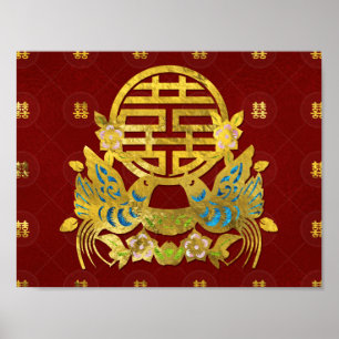 Poster Symbole Double Bonheur Or avec oiseaux