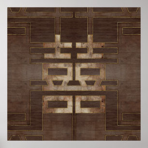 Poster Symbole Double Bonheur Or géométrique sur bois