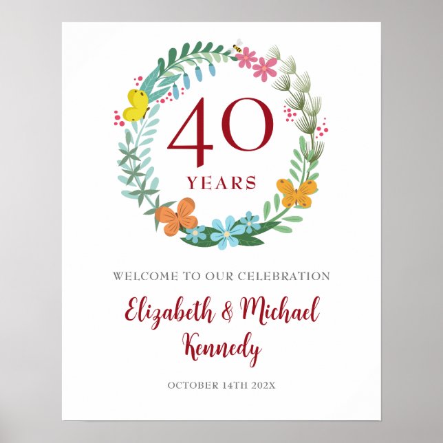 Poster Symbole du 40e anniversaire de Ruby Welcome Floral (Devant)