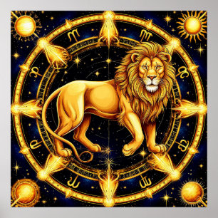 Poster Symbole du Lion du Zodiaque sur Fond Céleste Étoil