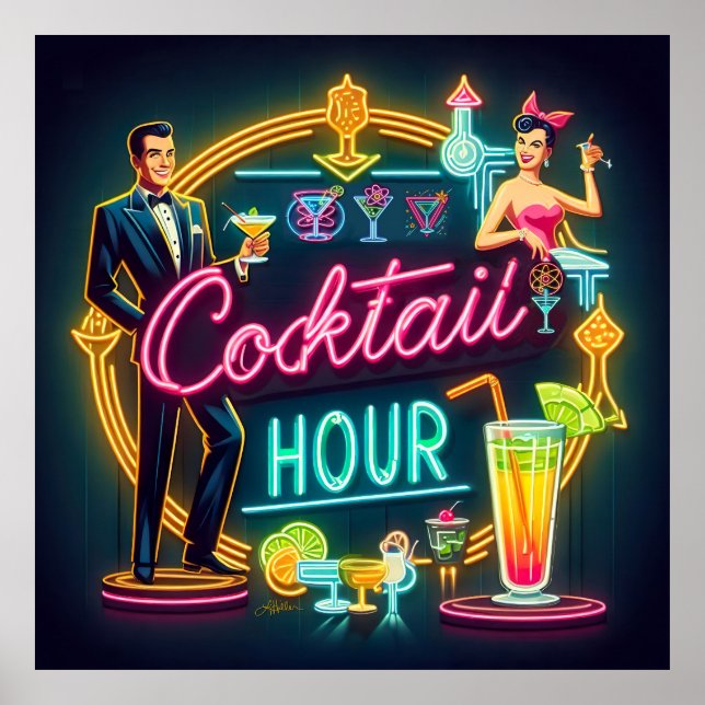 Poster Symbole du néon du milieu du siècle Cocktail Hour  (Devant)