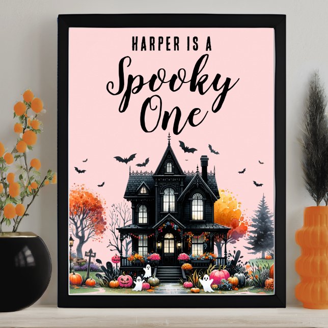 Poster Symbole éffrayant d'Halloween rose (Spooky One Pink Halloween Birthday Party Sign)