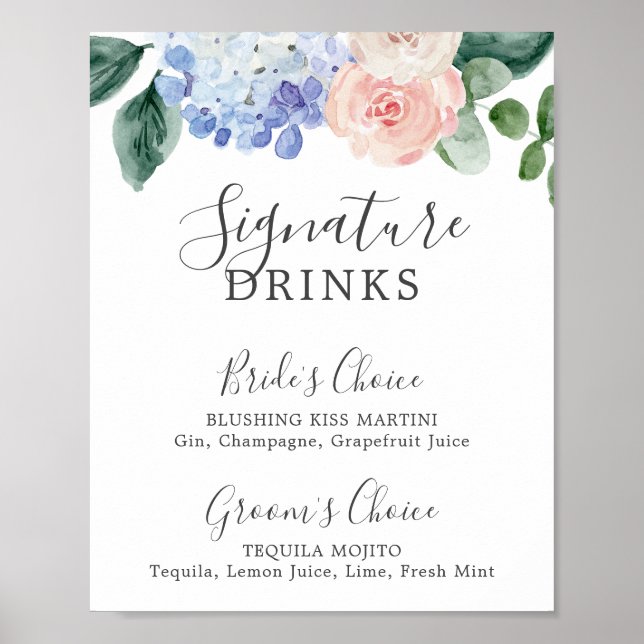 Poster Symbole Élégant Blue Hydrangea Signature Boissons (Devant)
