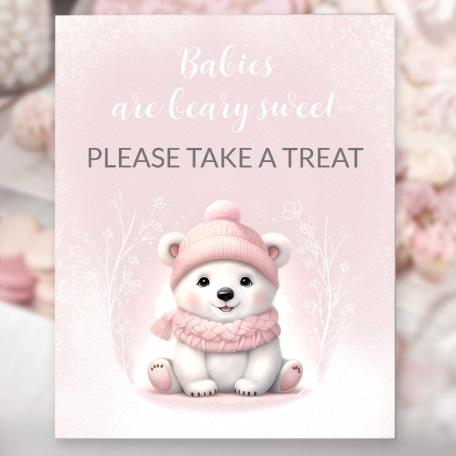 Poster Symbole Fille Baby shower d'ours rose polaire Favo (Girl Pink Polar Bear Baby Shower Favor Sign)